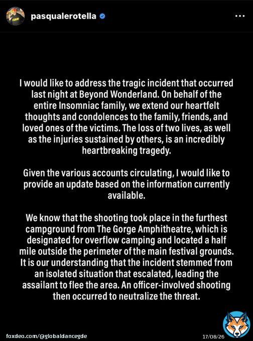 BREAKING - Pasquale Rotella drops an official statement regarding the shooting at Beyond Wonderland PNW at The Gorge Amphitheater