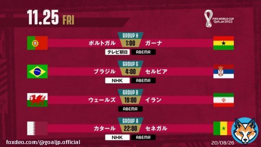 明日の #カタールW杯! 11月25日 (日本時間) の試合日程&放送スケジュール! 01:00 KO ポルトガル×ガーナ テレビ朝日、ABEMA 04:00 KO ブラジル×セルビア NHK、ABEMA 19:00 KO ウェールズ×イラン ABEMA 22:00 KO カタール×セネガル NHK、ABEMA