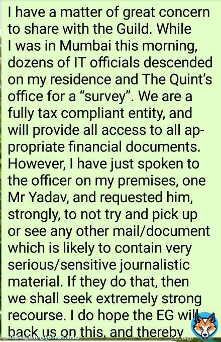 Income Tax department raids residence and offices of @TheQuint founder #RaghavBahl  He writes to @IndEditorsGuild  that his journalistic operations should remain unaffected as he is cooperating with the officials.