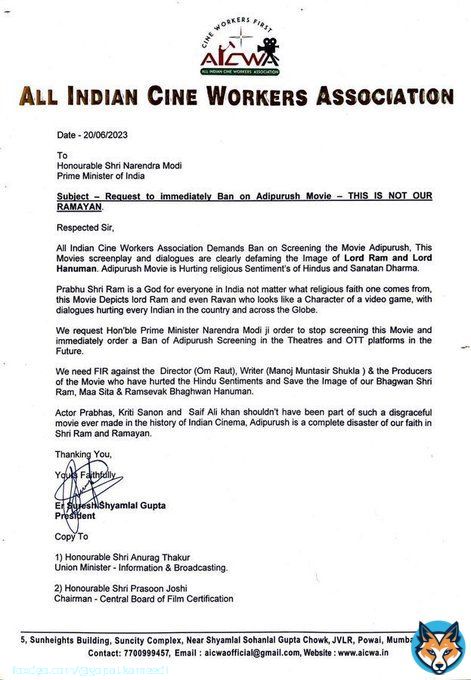 &lsquo;This is not our Ramayan&rsquo;, says the All Indian Cine Workers Association and requested Prime Minister Narendra Modi to Ban screening the movie #Adipirush immediately & also to file an FIR on the writer, director & producers of the film.