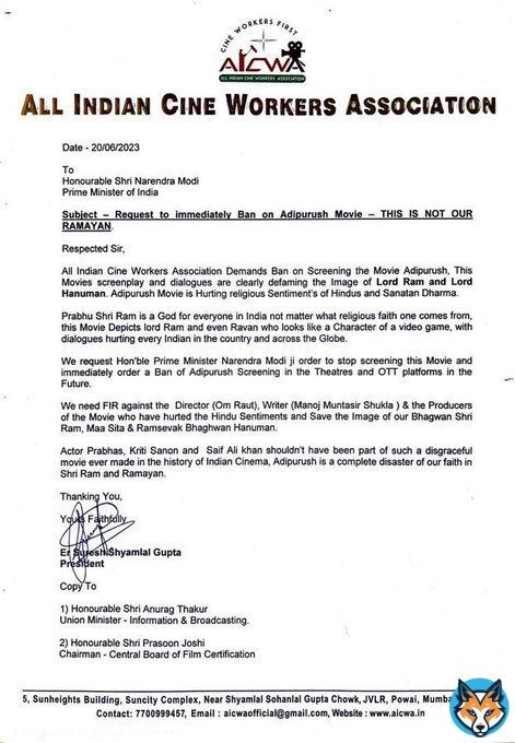 &lsquo;This is not our Ramayan&rsquo;, says the All Indian Cine Workers Association and requested Prime Minister Narendra Modi to Ban screening the movie #Adipirush immediately & also to file an FIR on the writer, director & producers of the film.