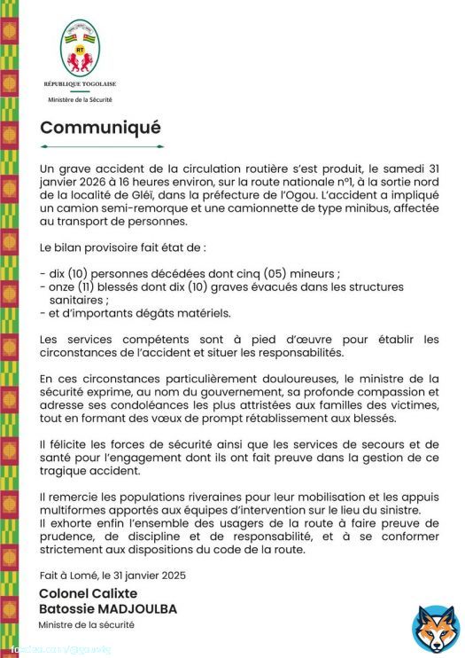 #Accident #Sécuritéroutiere #Prudence #Vigilance Communiqué du Ministère de la Sécurité.