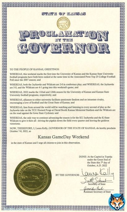 I proclaim this weekend 'Kansas GameDay Weekend' to celebrate the absolute dominance of @KU_Football & @KStateFB this season -- and to welcome @CollegeGameDay to town. Rock Chalk and Go Cats!