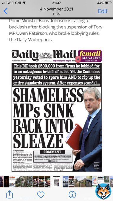 #BorisJohnson was a credit to Tory values. On 3Nov21 he legalised bribery and corruption amongst UK lawmakers #Westminster UK #HoC   The @DailyMailUK called it &lsquo;morally bankrupt&rsquo;.  Truly a shining @Conservatives moment for their England .#ToryCorruption More depravity please!