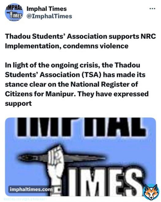 Even the Thadou Student Association are pushing for #NRCforManipur along with all right thinking citizens. Many of the Thadous, #Kuki_Zo who were settled by the King Of Manipur before the illegal immigration wave after 1950s &lsquo;AGREE&rsquo;, realcitizens of India needs to be identified.