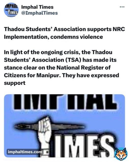 Even the Thadou Student Association are pushing for #NRCforManipur along with all right thinking citizens. Many of the Thadous, #Kuki_Zo who were settled by the King Of Manipur before the illegal immigration wave after 1950s &lsquo;AGREE&rsquo;, realcitizens of India needs to be identified.