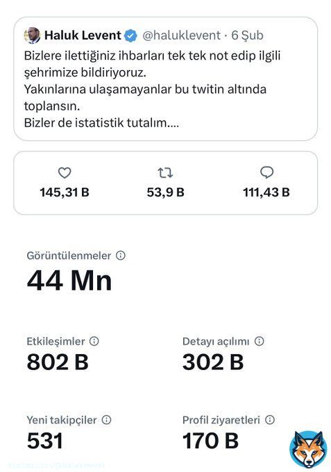 Twitter neden a&ccedil;ık olmalı biliyor musunuz ey yetkililer!  Bakın normalde 111,000 beğenini g&ouml;r&uuml;nt&uuml;lenmesi 2-3 milyondur. Sadece şu twit ne canlar kurtardı. Herkes twitin altına 10 kez baktı. İnsanlar yakınları i&ccedil;in yazdı. Yakında olan g&ouml;n&uuml;ll&uuml;ler bu twitlere bakarak destek verdiler