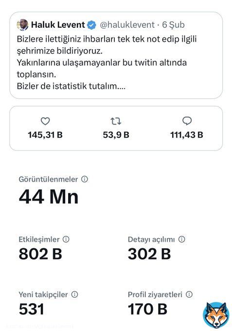 Twitter neden a&ccedil;ık olmalı biliyor musunuz ey yetkililer!  Bakın normalde 111,000 beğenini g&ouml;r&uuml;nt&uuml;lenmesi 2-3 milyondur. Sadece şu twit ne canlar kurtardı. Herkes twitin altına 10 kez baktı. İnsanlar yakınları i&ccedil;in yazdı. Yakında olan g&ouml;n&uuml;ll&uuml;ler bu twitlere bakarak destek verdiler