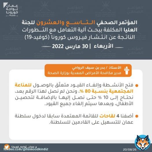 #المؤتمر_الصحفي_للجنة_العليا وأبرز ما جاء فيه، والمؤمل الاستمرار في اتخاذ الإجراءات الاحترازية لنصل إلى المناعة المجتمعية بنسبة ٨٠٪. #اللجنة_العليا #عمان_تواجه_كورونا #السلطان_هيثم_بن_طارق #قروب_زهرة_عُمان #قروب_سما_عُمان #مغردون_لعمان #استعداداتكم_لرمضان