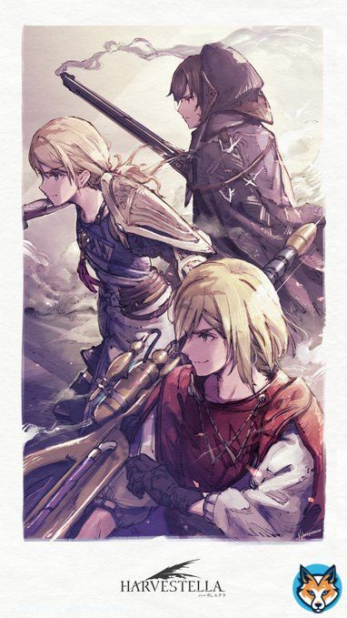 ／ #ハーヴェステラ  ニンテンドースイッチ版 発売まであと日！ ＼  キャラクターデザイン長谷川靖による本日のカウントダウンイラストは「ブラッカ」＆「主人公」＆「ハイネ」!! #Harvestella