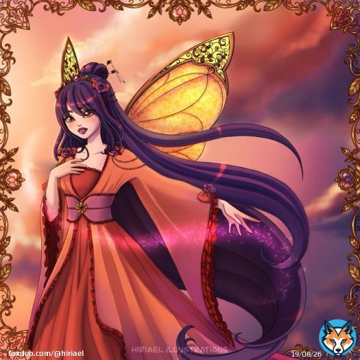 Autumn has arrived and Ruby starts to shine her Magic between sky and earth. She let people feel warm and peaceful with the colors of the sunset.  #fairy #sunset #autumn #wings #butterfly #kimono #traditionaldress #baroque #rose #sky #orange #purple #lace #magic #clouds