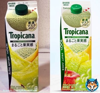 メロン果汁2％だったトロピカーナの「100％ まるごと果実感メロンテイスト」。 左は以前のパッケージで、右は今年5月から変わった新パッケージ。 以前のにも「リンゴ・マスカット・バナナ」は少しだけ印刷されていますが、うーん、確かにこれではメロン100％と勘違いするかも。 キリン　エグww。