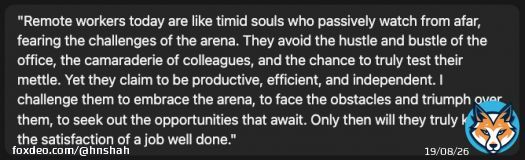 Had AI write a little 280 character rant about remote work in the style of teddy roosevelt's 'man in the arena' speech. Here's what AI wrote: