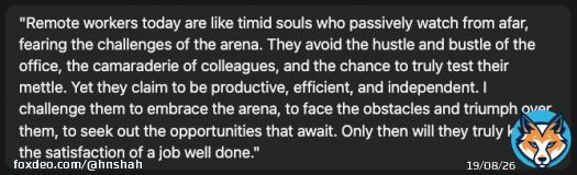 Had AI write a little 280 character rant about remote work in the style of teddy roosevelt's 'man in the arena' speech. Here's what AI wrote:
