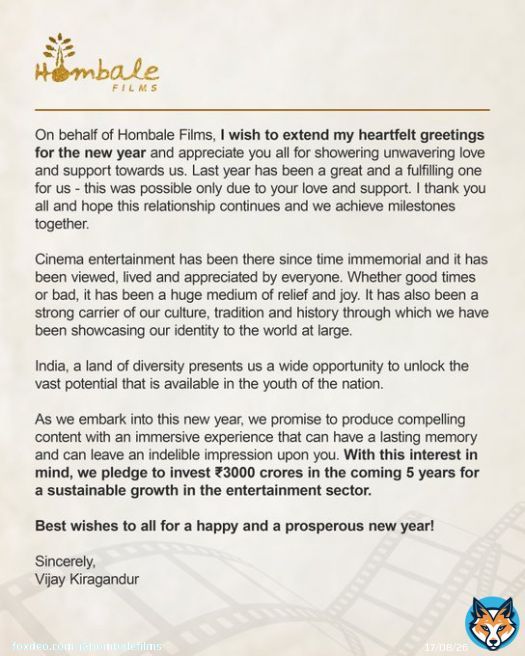 On behalf of @HombaleFilms, I wish to extend my heartfelt greetings for the new year and appreciate you all for showering unwavering love and support towards us. #HappyNewYear! - @VKiragandur  #HombaleFilms