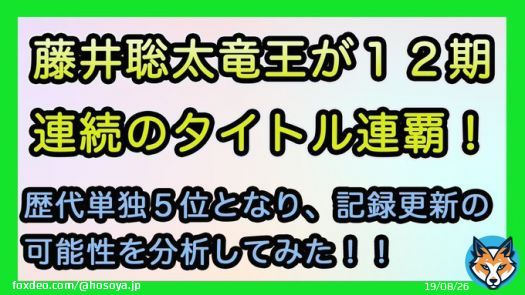 こんにちは。明日はいよいよ棋王戦第４局とNHK杯決勝戦があります。将棋界にとってめっちゃ熱い日になりそうですね。ところで藤井聡太竜王は現在タイトル１２期連続で連覇中です。歴代単独５位となっており、明日勝てば、１３期連続となります。#棋王　#渡辺明　#藤井聡太