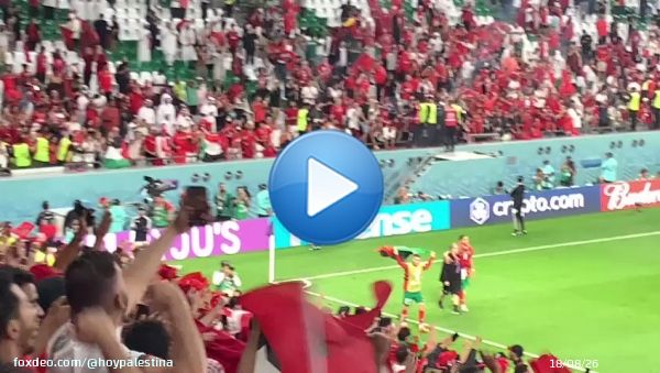 Jugadores de Marruecos celebrando su victoria ante Espa&ntilde;a con la bandera de Palestina.