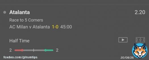 AC Milan v Atalanta   Sunday 26th February   Atalanta race to 5 corners   Odds 2.25 Bet365   Both teams on 2 however Atalanta are 1-0 down