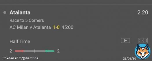 AC Milan v Atalanta Sunday 26th February Atalanta race to 5 corners Odds 2.25 Bet365 Both teams on 2 however Atalanta are 1-0 down