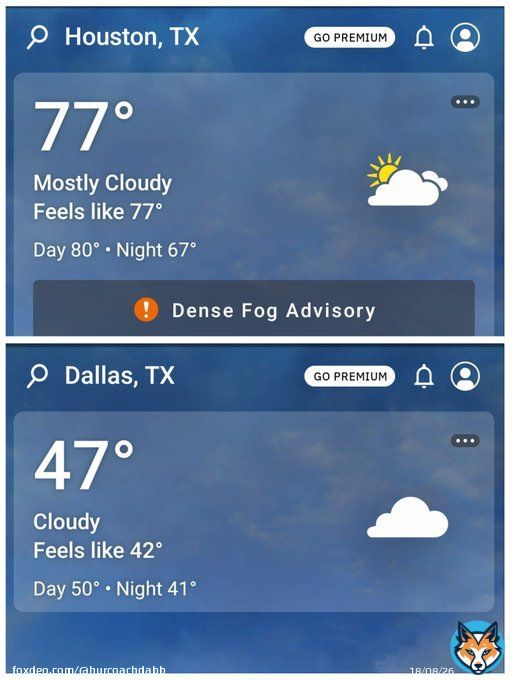 Dear TX High School T&F, the DFW area will join you again when we finally finish winter If you don't think there's a difference in weather in our state between the DFW, Austin, Houston and San Antonio area  It's been days there's been as much as as a 20-30 degree difference.