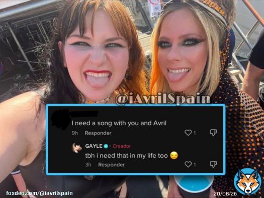 | Recently @WhoIsGayle and @AvrilLavigne have been together in the studio. A fan has told Gayle that he needs a song from her and Avril to which Gayle replied 'Tbh need that in my life too '  #TTJFCAvrilLavigne