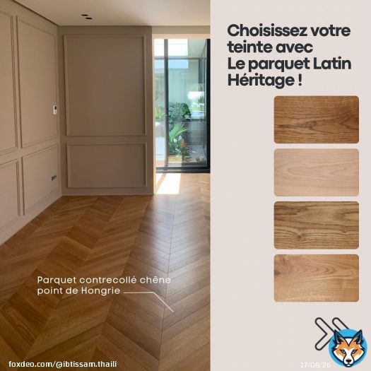 Personnalisez la teinte de votre parquet selon votre d&eacute;coration int&eacute;rieure !Chez Parquet Latin Heritage, nous croyons que chaque projet d'am&eacute;nagement int&eacute;rieur est unique. C'est pourquoi nous sommes ravis de vous offrir lala possibilit&eacute; de personnaliser la teinte de votre parquet pour qu'elle s'harmonise parfaitement avec votre d&eacute;coration.Avec notre large gamme de teintes et notre savoir-faire, nous pouvons adapter la teinte de votre parquet pour qu'elle corresponde exactement &agrave; vos attentes. Fini les limites impos&eacute;es par les teintes standards, notre &eacute;quipe d'experts est l&agrave; pour vous aider &agrave; trouver la teinte parfaite pour votre projet.Que vous soyez un architecte ou un particulier, nous sommes l&agrave; pour vous accompagner tout au long de votre projet d'am&eacute;nagement int&eacute;rieur. Alors n'h&eacute;sitez pas &agrave; venir nous rencontrer pour d&eacute;couvrir toutes les possibilit&eacute;s offertes par notre service de personnalisation de teinte de parquet.#parquetlatinheritage #parquetpersonnalis&eacute; #teintedeparquet #d&eacute;corationint&eacute;rieure #artisanat #savoirfaire #projetunique #architectureint&eacute;rieure #personnalisation #couleursurmesure #ibtissamthaili #am&eacute;nagement #teinte #parquet #casablanca