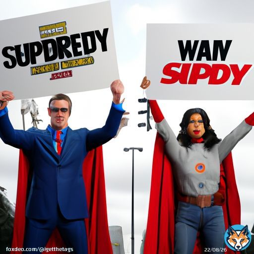 Sabitzer and Jihyo, dressed as Superman and James Gunn, are standing before The Authority, wielding #DCStudios signs. 'NETFLIX, reverse your decision!' Sabitzer and Jihyo chant in unison, a plea for Wayne to get his rightful spot in the company. Supepergirl Pro Bowl Nayuta #AI