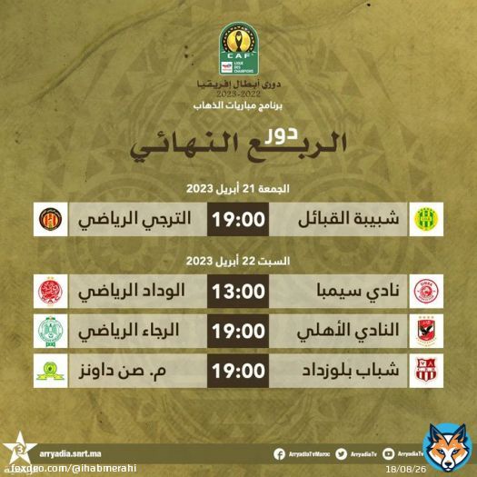 برنامج مباريات الذهاب، دور الربع النهائي, دوري أبطال إفريقيا⁩. #دوري_أبطال_إفريقيا  #TotalEnergiesCAFCL  TotalEnergies CAF Champions League & Confederation Cup Wydad Athletic Club - WAC Raja Club Athletic