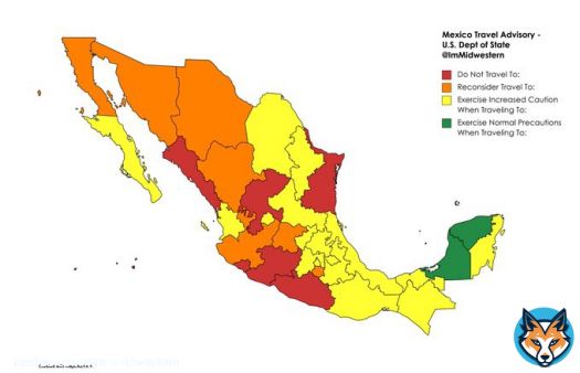 In light of recent events in the #Mexicokidnapping, here is a map of mexico showing the @StateDept's travel advisory for mexican states.