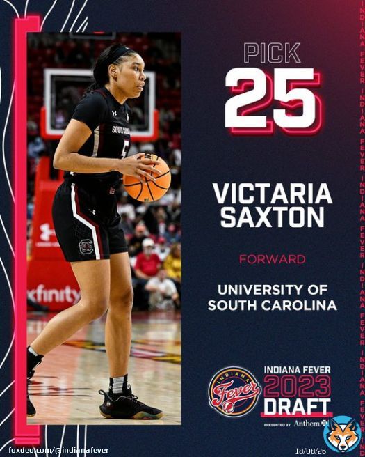 with the 25th pick in the 2023 #WNBADraft, we have selected South Carolina forward Victaria Saxton.  welcome to Indiana, @v5axton!  #sponsored | @AnthemBCBS