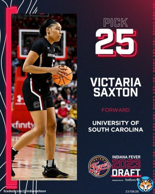 with the 25th pick in the 2023 #WNBADraft, we have selected South Carolina forward Victaria Saxton.  welcome to Indiana, @v5axton!  #sponsored | @AnthemBCBS