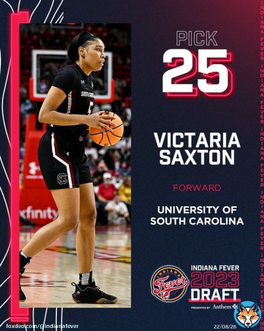 with the 25th pick in the 2023 #WNBADraft, we have selected South Carolina forward Victaria Saxton.  welcome to Indiana, @v5axton!  #sponsored | @AnthemBCBS