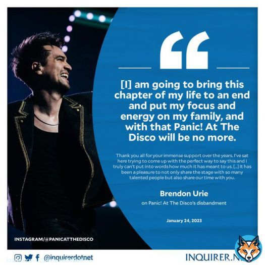 'WELL, IT'S BEEN A HELL OF A JOURNEY.'  Brendon Urie has announced that Panic! At The Disco will wrap up after nearly two decades as he confirms that he and his wife, Sarah, are expecting their first child.