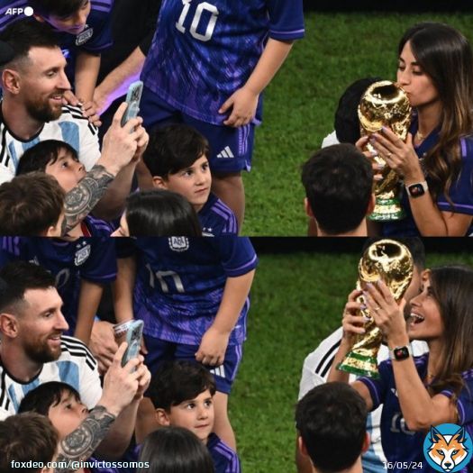 Antonela levanta y besa la Copa del Mundo mientras Lionel le toma una foto. Campeones del mundo. MOMENTAZO.