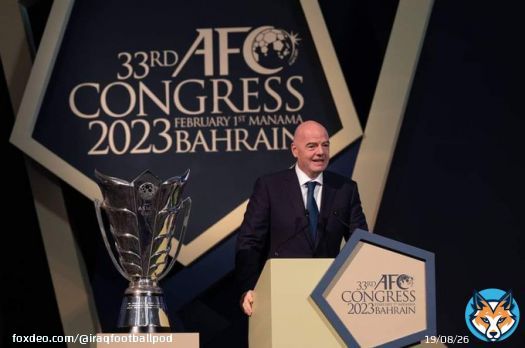 President of FIFA, Gianni Infantino, congratulated Iraq in his speech during the 33rd AFC Congress in Manama today on the Lions of Mesopotamia's win in the 25th Arabian Gulf Cup and on the tournament's success in Basra.