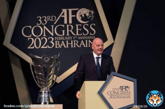 President of FIFA, Gianni Infantino, congratulated Iraq in his speech during the 33rd AFC Congress in Manama today on the Lions of Mesopotamia's win in the 25th Arabian Gulf Cup and on the tournament's success in Basra.
