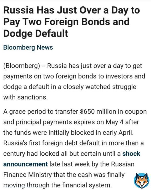 Я у це не дуже вірю   \ud83d\udd34 Завтра, 4 травня, у росії можуть оголосити дефолт, у росії залишилася доба для виплати боргів іноземним інвесторам, &mdash; Bloomberg