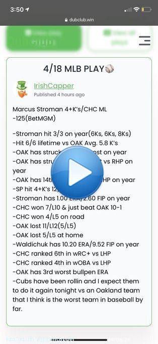 CASH IT!  Marcus Stroman 4+Ks/CHC ML -125  PFTP: 25-18-1 +4.81U  Stroman and the cubs get it done  Hit the link in my bio if you want all my plays sent to you each day  ITS FREE  Let&rsquo;s run it back tomorrow! #gamblingtwitter
