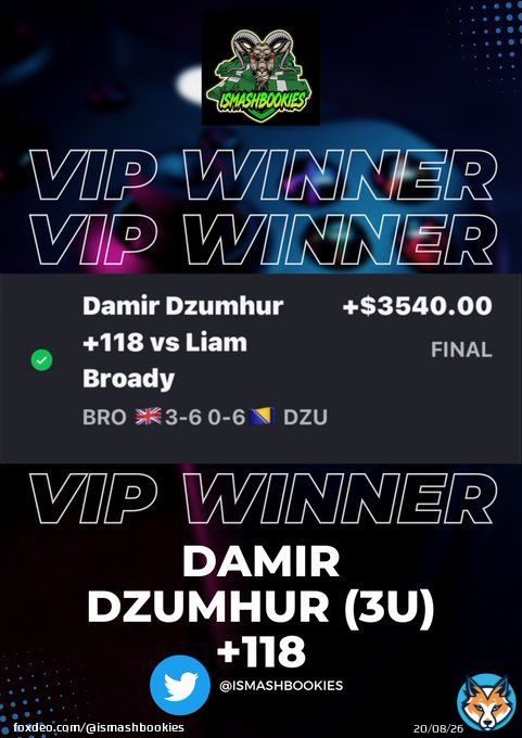 BAAANG! We got dog odds on this! #ismashbookies VIP winner!  Damir Dzumhur ML vs Liam Broady 3 units  Want to make cash?  Join VIP today    #SportsGambling #GamblingTwitter #SportsBetting #NBA #NHL #AFL #MLB #ATP #Soccer #TheMandalorian&hellip;