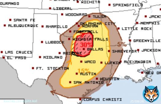There is an Enhanced (3/5) risk of severe weather for portions of the arklatex, including the Dallas - Fort Worth metro. Large to very large hail, damaging winds, and tornadoes all appear possible. Stay weather aware tomorrow y'all! #dfwwx - SIG haill risk for DFW - 5% tor