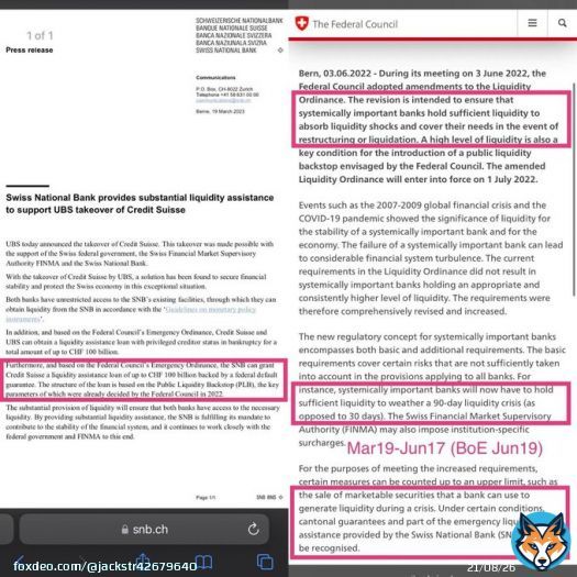 Swiss National Bank providing liquidity assistance to support UBS takeover of Credit Suisse is government confirmation that via Public Liquidity Backstop (Federal Council 2022) they are planning to liquidate Credit Suisse&hellip;