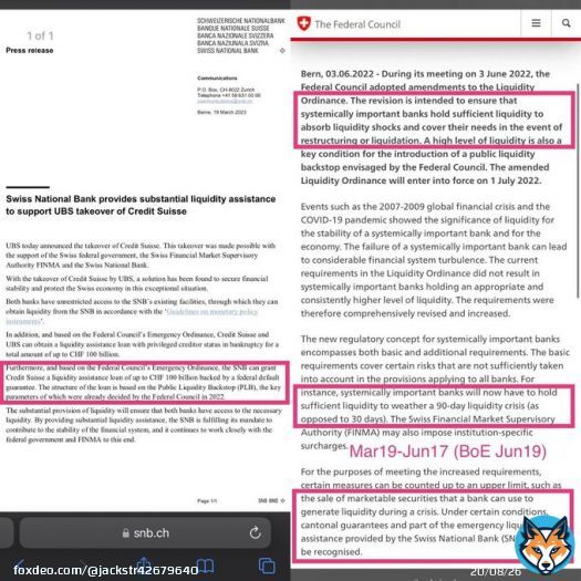 Swiss National Bank providing liquidity assistance to support UBS takeover of Credit Suisse is government confirmation that via Public Liquidity Backstop (Federal Council 2022) they are planning to liquidate Credit Suisse&hellip;