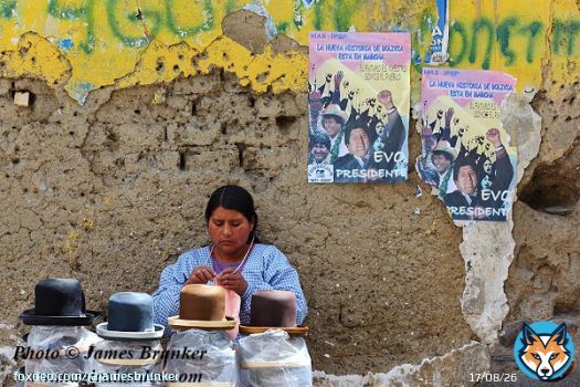 A lady selling bowler hats in a street market in La Paz #Bolivia for #NationalHatDay, available as prints cards and #gifts here:  #AYearForArt #BuyIntoArt #GiftThemArt #BuyArtNotCandy #HatDay #hats #markets #LaPaz #traditionaldress #streetphotography