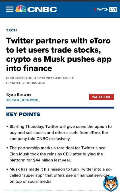 BREAKING#Twitter to let users trade stocks and cryptocurrencies starting today in partnership with eToro - CNBC   #cnbc #ElonMusk #PiNetwork #Bitcoin #BNB #Crypto #CryptoTwitter @Bronafide @elonmusk