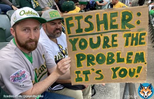 Probably my last A’s game ever. The “reverse boycott” game to show MLB that the problem with baseball in Oakland is, indeed, the owner.  Huge crowd! Great win! This clever fellow was in my row. #oaklandAs #atthecoliseum #heartwrenching #owenershipchangeneeded