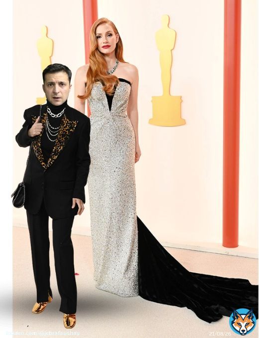 Ambassador to Ukraine, Jessica Chastain with her date for the evening. Note how he came with a purse to collect checks from everyone. He also takes Venmo and CashApp as well as #bitcoin