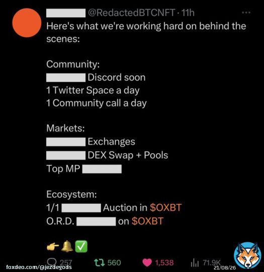 &ldquo;If you reading this you are early&rdquo;  Remember the #DeFi hype of #ETH and #BNB in 2021? But this time it&rsquo;s in the biggest network #Bitcoin ,secured and truly decentralized   $OXBT   @RedactedBTCNFT  @BitGod21   #▇▇▇▇ #BTC #BRC20 #OXBT #ORDINALS