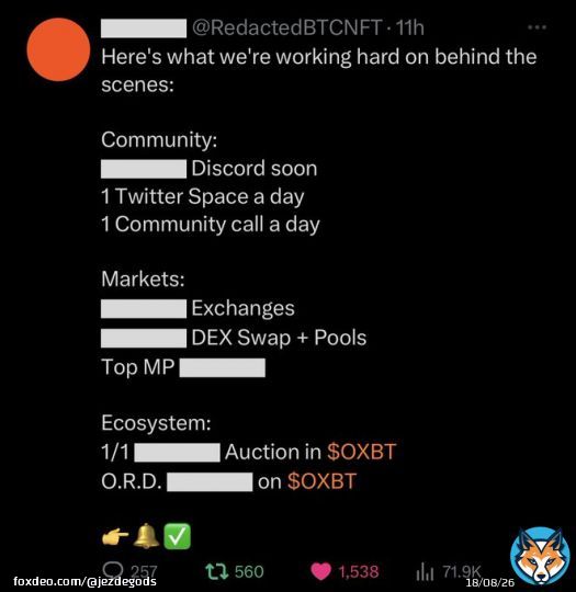 &ldquo;If you reading this you are early&rdquo;  Remember the #DeFi hype of #ETH and #BNB in 2021? But this time it&rsquo;s in the biggest network #Bitcoin ,secured and truly decentralized   $OXBT   @RedactedBTCNFT  @BitGod21   #▇▇▇▇ #BTC #BRC20 #OXBT #ORDINALS
