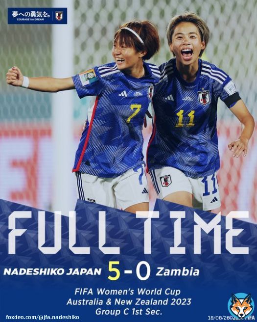 試合終了  FIFA 女子 #ワールドカップ 2023  グループステージ第1節 #なでしこジャパン 5-0 ザンビア代表  16:00() NHK BS1 FIFA+    #FIFAWWC #JPN #なでニコ #夢への勇気を #jfa #daihyo #nadeshiko #サッカー日本代表
