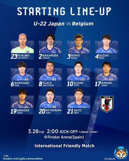 #U22日本代表 LINE-UP  #小久保玲央ブライアン(GK) #中村拓海 #西尾隆矢 #鈴木海音 #川﨑颯太 #藤田譲瑠チマ(C) #鈴木唯人 #木村勇大 #平岡大陽 #松村優太 #加藤聖  国際親善試合 2:00() ベルギー @NHK_BS1で生中継   #夢への勇気を #jfa #daihyo